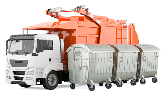 Garbage Truck with outdoor large garbage trash containers. 3D rendering isolated on white background