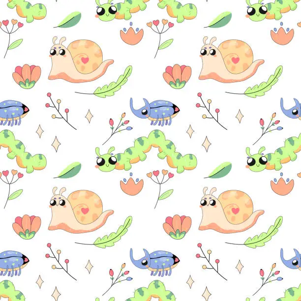 Vector illustration of Seamless pattern, cute simple bugs, snail, insects cartoon baby, on white background for fabric, wrapping paper, wallpaper
