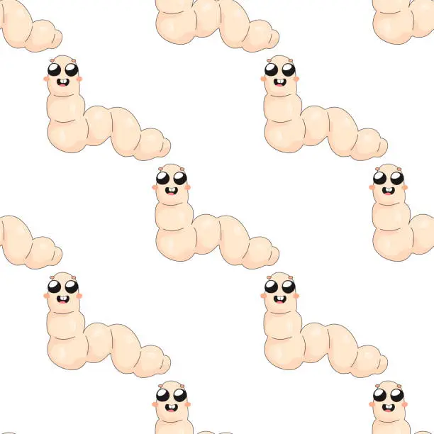 Vector illustration of Seamless pattern, cute worm, cartoon, baby. on white background for fabric, wrapping paper