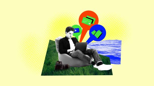 istock Balancing life, work and leisure. Young man sitting on grass with cat and using laptop for online shopping and work. Contemporary art collage. 2099150645