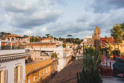 Beautiful rood terrace in Rome, Italy on a sunny day. Rome from above the terrace.