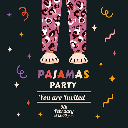 Festive invitation to a pajama party in hand drawn and doodle style. Vector illustration. Overnight. House slippers and feet. Card template. Slumber. Nightwear. Event flyer. Birthday celebration.