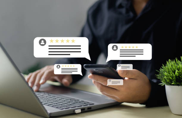 istock Satisfaction Survey Concept Businessman rates five-star customer service with a virtual screen on a laptop. Reviews Customer Quality Assessment. 2099158659