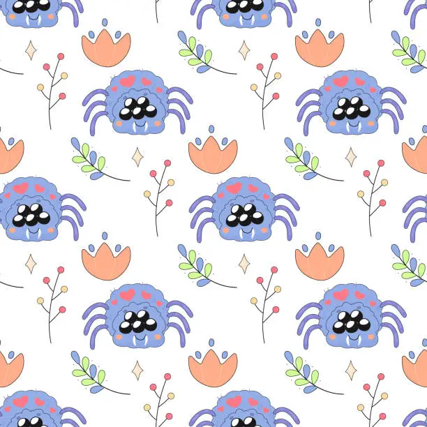 Vector illustration of Seamless pattern,cute simple spider in flowers,bug insect,cartoon,kids,on white background for fabric,wrapping paper,wallpaper