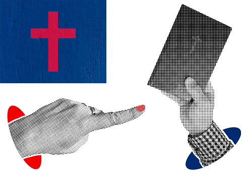 Hands Sharing the Gospel. Composite collage: against the background of the flag of Christianity, a male hand holds the gospel, and next to it, a female hand points to this book with a finger.