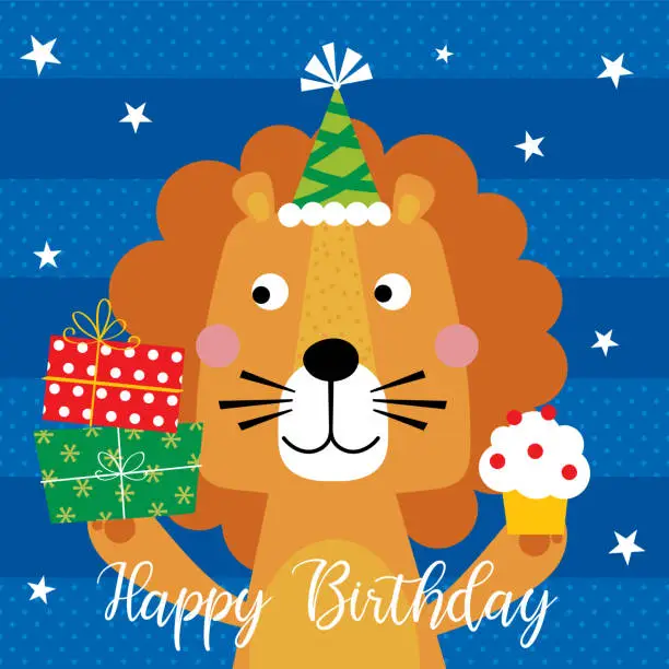 Vector illustration of birthday greeting card with cute lion design