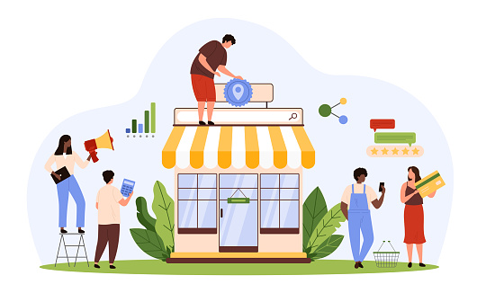 Online commerce and marketing service for store advertising. Tiny people with credit card and basket, megaphone and location pin at sales or open event of retail shop cartoon vector illustration
