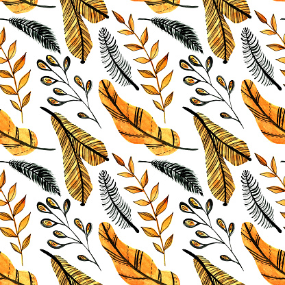Watercolor seamless pattern with orange and black leaves on the white background. Christmas tree branch pattern. High quality illustration. Perfect for Christmas greeting cards, invitation, wrapping paper, textile