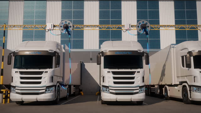 white generic electric semi trucks charging in front of sustainable warehouse