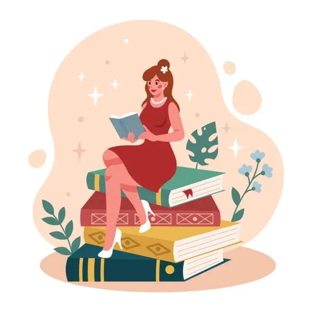 Vector illustration of Woman reading book. Girl sitting on textbooks stacks. Pile of knowledges. Student learning. Beautiful female enjoying of literature. School science and education. Vector cartoon concept