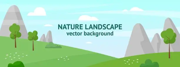 Vector illustration of Nature landscape. Mountain scenery. Summer meadow. Wild forest. Sky clouds. Scenic horizon. Rock peaks. Valley panorama. Spring green field. Hiking travel. Vector natural background