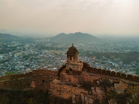 Scenic aerial  view of fort wall in Jaipur and Amber, Rajasthan, India