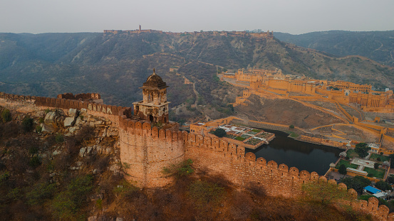 Scenic aerial  view of fort wall in Jaipur and Amber, Rajasthan, India