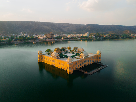 Scenic aerial  view of Jal Mahal on lake in Jaipur, Rajasthan, India