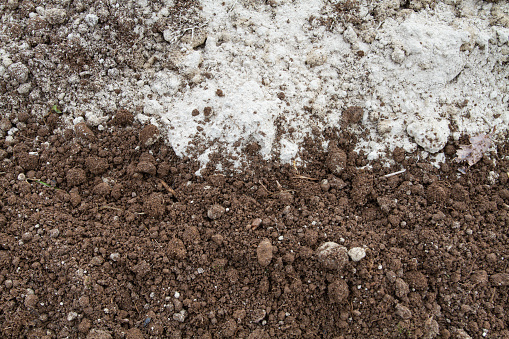 Autumn agricultural work to improve the soil. Dolomite flour (mineral fertilizer) lies on the surface of the plowed land. Close-up.