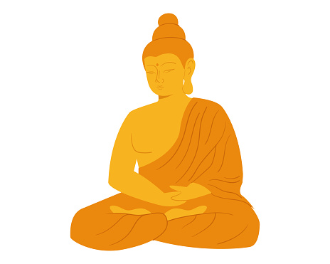 Golden Buddha statue. Sitting monk sculpture in flat vector style