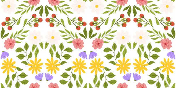 Vector illustration of Seamless arrangement showcasing floral elements. Botanical-inspired repeated design with white, yellow, and lilac flowers, pink cherry blossom, branch with red berries, and various leaves.