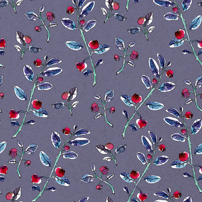 Lovely background with cranberries, red berry. Nordic berries. Hand-drawing botanical seamless texture on a white background. Watercolor background. North Berries. Use for textile print, wrapping paper, packaging design food, jam, juice, ice cream, cosmetics.