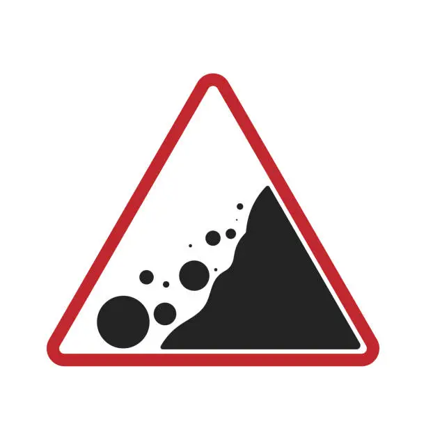 Vector illustration of Isolated triangle sign of landslide, falling rock risk ahead, a safety road sign