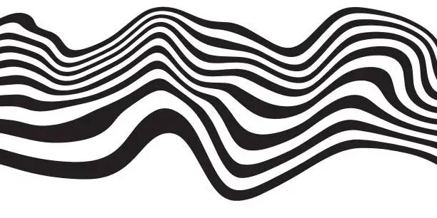 Vector illustration of black and white curved line stripe wave abstract background, Psychedelic hippie pattern, trippy acid poster.