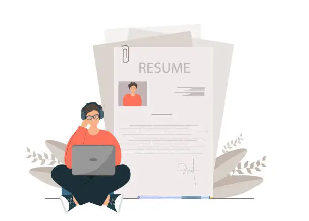 Vector illustration of Person writing resume, cv for finding work, searching personnel, application form for employment, human research and recruitment concept, flat vector illustration