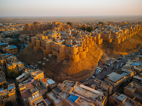 Aerial view of Jaisalmer fort (Golden city) in Thar Desert  at sunset, Rajasthan, India