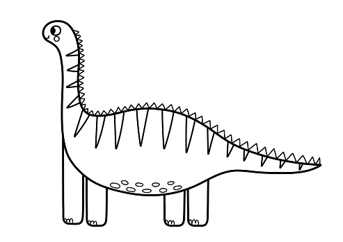 Cute diplodocus animal in black and white. A long neck funny dinosaur in outline for coloring. Vector illustration