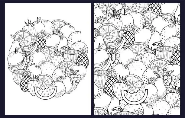 Vector illustration of Doodle fruits coloring pages set. Healthy food black and white templates bundle