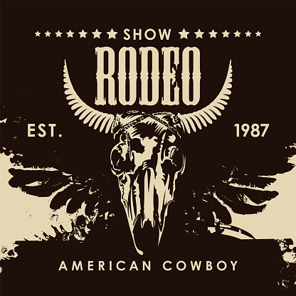 Banner for a Cowboy Rodeo show in retro style. Vector illustration with a skull of bull and lettering on an abstract background with wings. Suitable for poster, label, flyer, banner, invitation