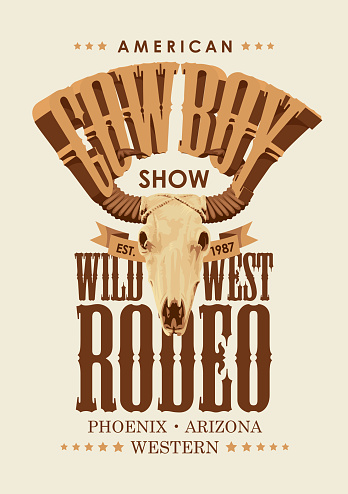 Banner for a Cowboy Rodeo show. Vector illustration with a skull of bull and lettering in retro style. Suitable for poster, label, flyer, invitation, t-shirt design
