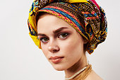 pretty woman decoration oriental clothing multicolored turban fashion makeup
