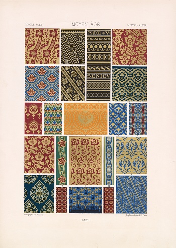 Here we have an original vintage print from the Auguste Racinet L'ornement Polycrome (1870) series. One of the finest collections of decorative arts from the 19th century, refered to for inspiration by many modern creators. Many interesting and useful design elements are waiting to be explored in this one piece! The purpose of the fantastic reproductions in L'Ornement polychrome were to inspire an improvement of the decorative arts of its time.