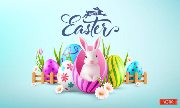 istock Easter poster and banner template with a white rabbit inside a pink egg ,Colorful Eggs , tulips and Spring Flowers on Blue Background for Easter Day.Promotion and shopping template for Easter 2099245715