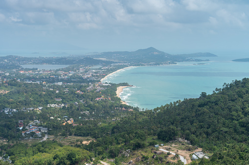 Landscape view, heart beach shape. A beach that looks like a heart when seen from a viewpoint on a mountain in Koh Samui.