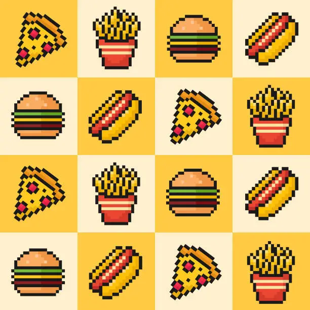 Vector illustration of fast food seamless pattern, pixel art, slice of pizza, french fries, burger, hot dog, 90s, 80s, 8 bit, old arcade game style, vector illustration