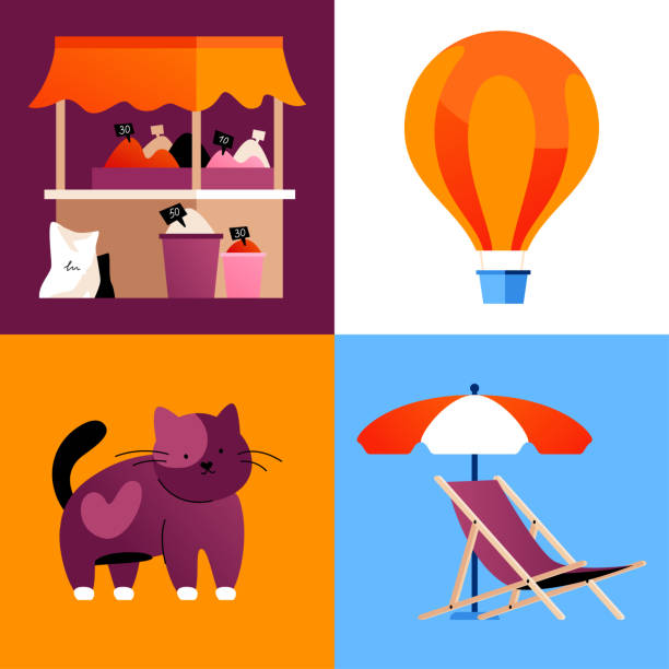 Holidays in Turkey - set of flat design style illustrations Holidays in Turkey - set of flat design style illustrations. Colored images of flying hot air balloon, spice market, parasol and sun lounger for the beach, cute cat. Summer holidays in exotic country cappadocia balloon stock illustrations