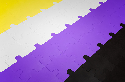 Full frame background of an LGBTQ+ pride flag shaped like a jigsaw puzzle. Close-up of the non-binary pride flag. Every color is its own row of puzzle pieces.
