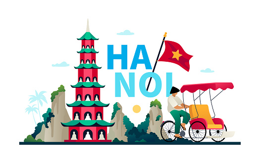 Welcome to Hanoi - modern colored vector illustration with Thien Mu Pagoda, vietnam national flag, mountains and tropical nature, rickshaw and asian local. Cultural flavor and attractions idea