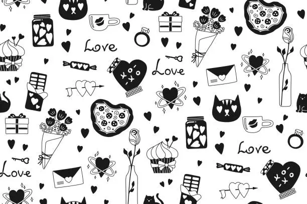 Vector illustration of Valentines Day romantic elements seamless pattern cute abstract doodle drawings boundless background