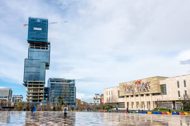 Tirana, Albania. 12 March 2024. Skanderbeg Square with new and old buildings in Tirana.