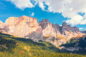 Mountain landscape. Sella Towers Rocks against the sky. The Dolomites in South Tyrol, Trentino, Italy, Europe