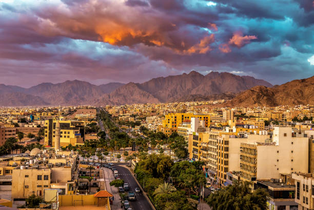 Beautiful sunset cloudy sky over Aqaba city. Jordan