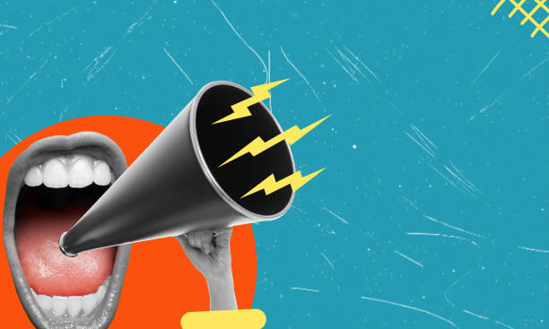 istock A screaming mouth in a megaphone on a blue background with space for copy. Modern design, modern art collage. 2099273715