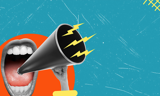 A screaming mouth in a megaphone on a blue background with space for copy. Modern design, modern art collage. Inspiration, idea, style of a contemporary urban magazine. Negative space for advertising.