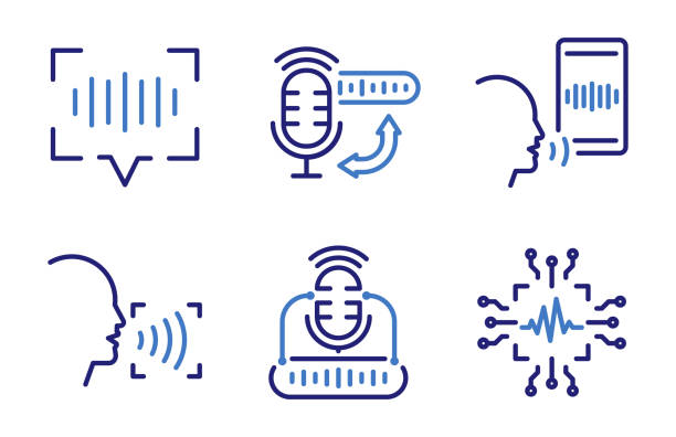Speech and voice recognition Icon Set. Advanced voice technology. Thin line illustrations. Voice recognition, text-to-speech, and AI Artificial Intelligence. Graphic elements for digital communication Vector eps10 reading and writing icon stock illustrations