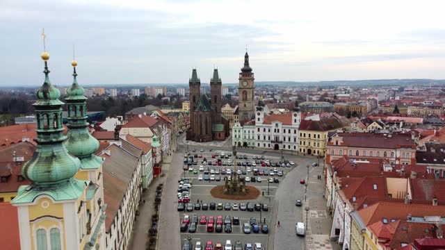 Panorama Of The Main Square At The City Centre Of Hradec Kralove In The Czech Republic. Aerial Drone Shot