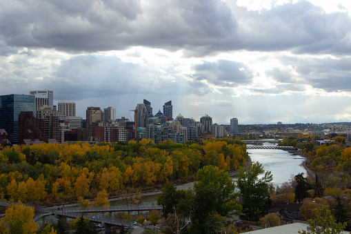Beautiful view of the tall buildings and trees in autumn in Calgary, Canada.