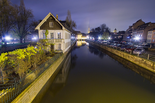 Vauban Dam in the old city of Strasbourg, by night with ray of light