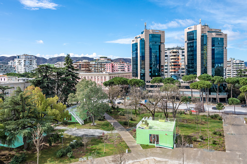 Sky scrapers in central Tirana, with public park in front