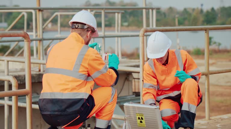 Two Water plant maintenance technicians work at wastewater treatment plants,Environmental engineers check the control system at the water treatment plant.